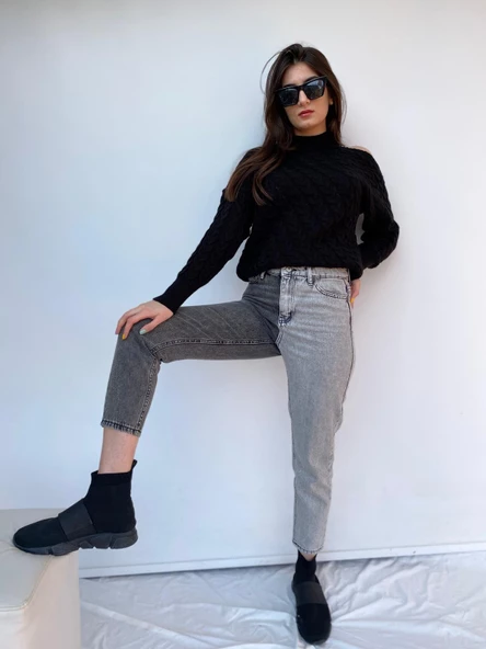 Kadın Kontrast Mom Jean Kot Pantolon Gri - 5