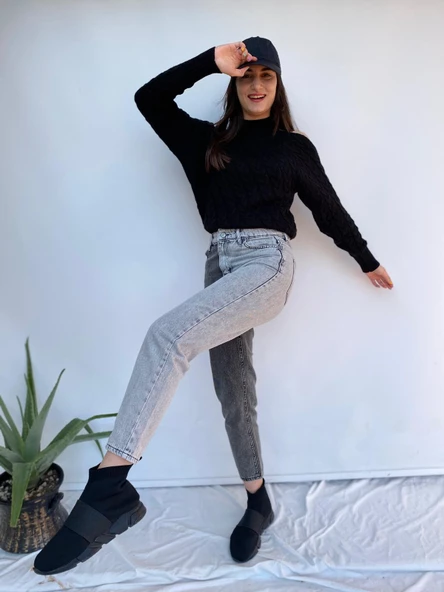 Kadın Kontrast Mom Jean Kot Pantolon Gri - 4