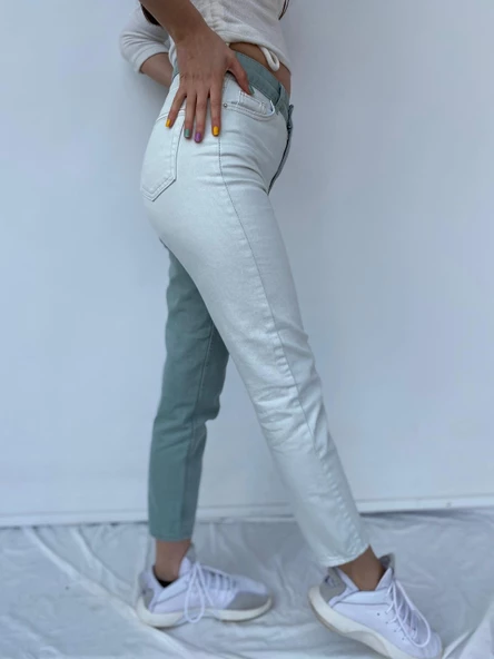 Kadın Kontrast Mom Jean Kot Pantolon Mint Beyaz - 4