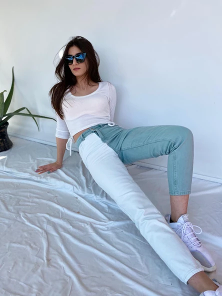 Kadın Kontrast Mom Jean Kot Pantolon Mint Beyaz - 3