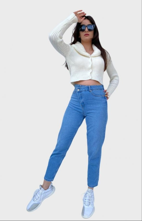 Kadın Çapraz Kapama Mom Jean Mavi Kot Pantolon