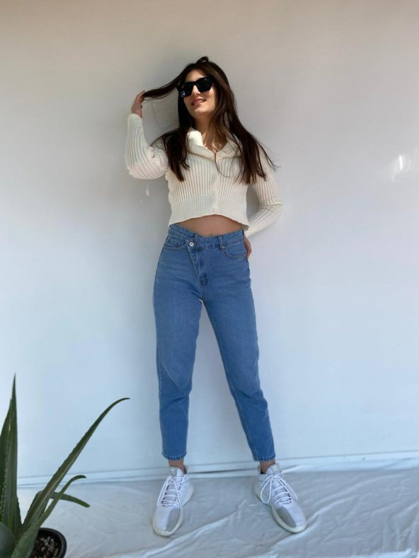 Kadın Çapraz Kapama Mom Jean Mavi Kot Pantolon - 3
