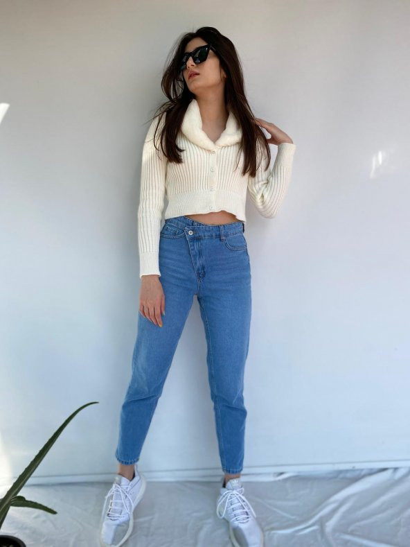 Kadın Çapraz Kapama Mom Jean Mavi Kot Pantolon - 4