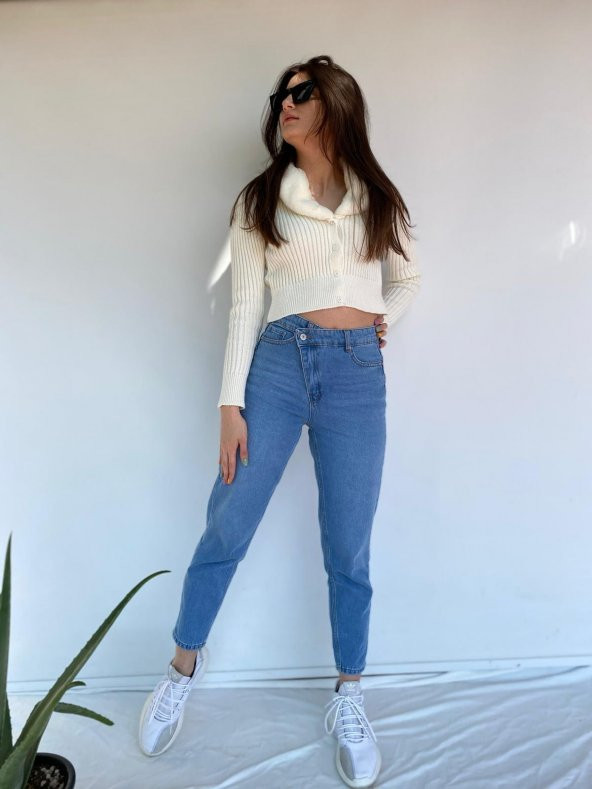 Kadın Çapraz Kapama Mom Jean Mavi Kot Pantolon - 5