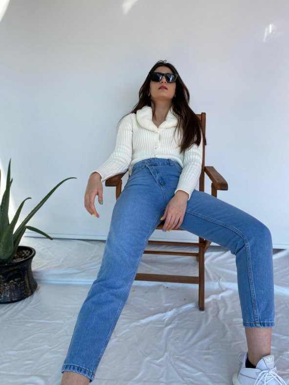 Kadın Çapraz Kapama Mom Jean Mavi Kot Pantolon - 6