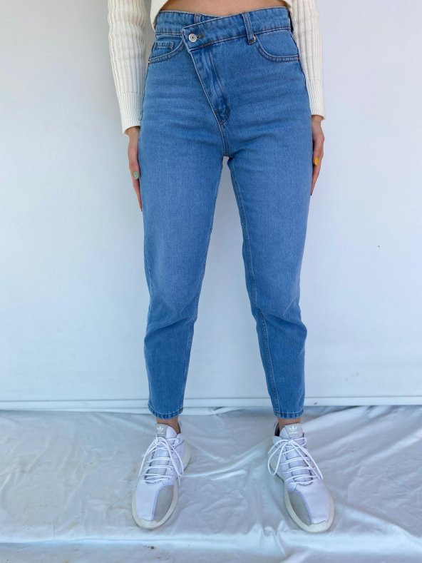 Kadın Çapraz Kapama Mom Jean Mavi Kot Pantolon - 7