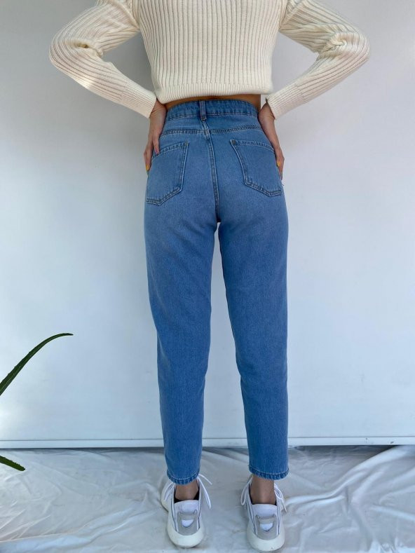 Kadın Çapraz Kapama Mom Jean Mavi Kot Pantolon - 8