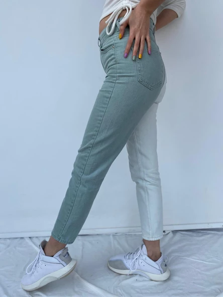 Kadın Kontrast Mom Jean Kot Pantolon Mint Beyaz - 6