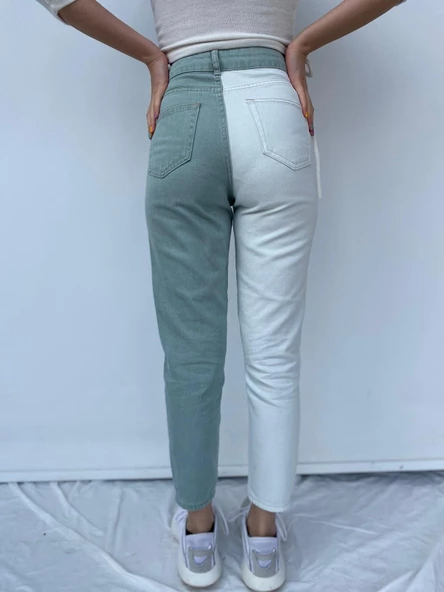 Kadın Kontrast Mom Jean Kot Pantolon Mint Beyaz - 7