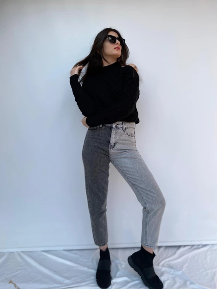 Kadın Kontrast Mom Jean Kot Pantolon Gri - 3