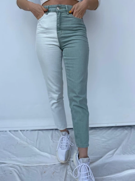 Kadın Kontrast Mom Jean Kot Pantolon Mint Beyaz - 8
