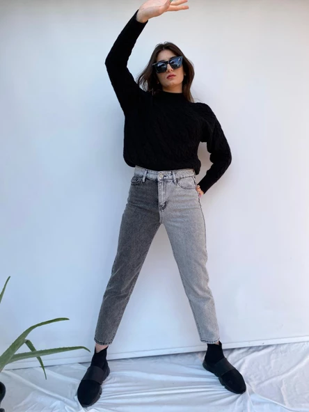 Kadın Kontrast Mom Jean Kot Pantolon Gri - 2