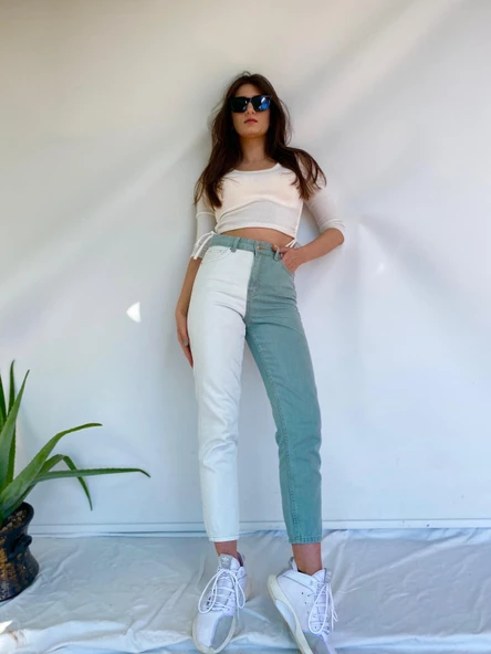 Kadın Kontrast Mom Jean Kot Pantolon Mint Beyaz - 5