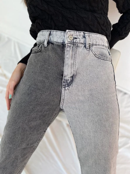 Kadın Kontrast Mom Jean Kot Pantolon Gri - 8