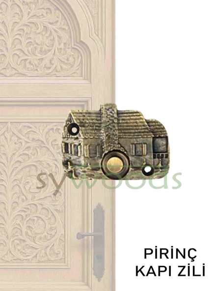 Ev motif pirinç döküm dekoratif motifli kapı zili antik sarı villa ev
