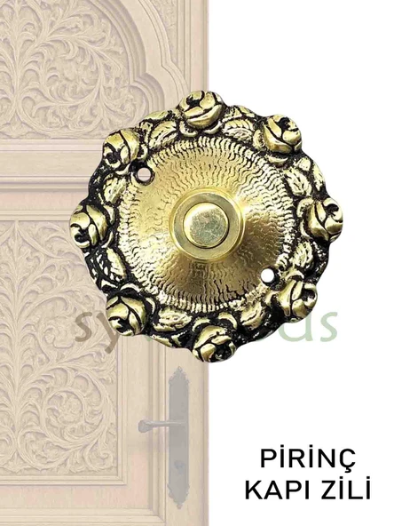 Pirinç döküm gül desenli kapı zili cilalı sarı