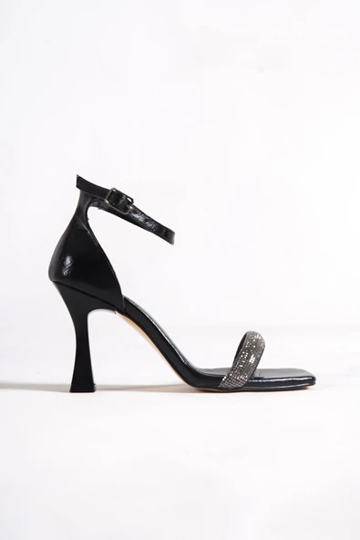 Siyah Taşlı Tek Bant Kadeh Topuklu Abiye Ayakkabı - Toffy - Resim 2