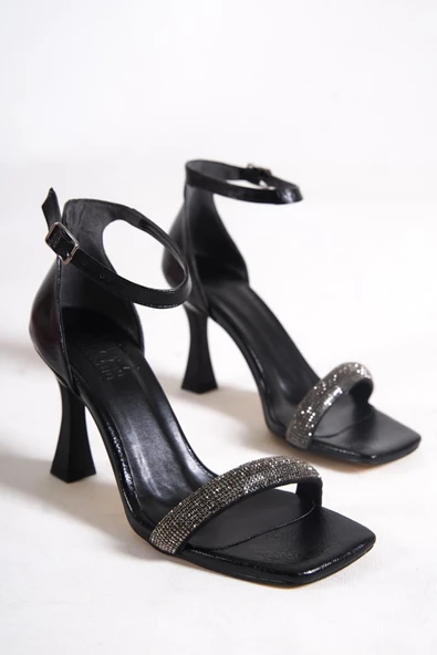 Siyah Taşlı Tek Bant Kadeh Topuklu Abiye Ayakkabı - Toffy - Resim 4