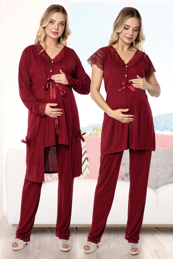 Bordo Renk Sabahlıklı Lohusa Pijama Takımı Polat Yıldız 50100B 3lü Sabahlıklı Hamile Pijaması