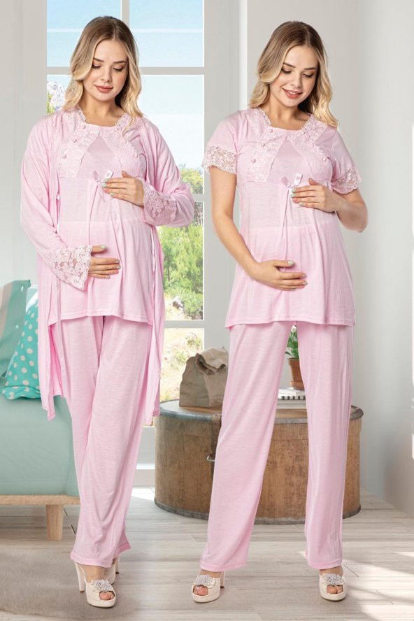 Pembe Renk Sabahlıklı Lohusa Pijama Takımı Polat Yıldız 50100P-  3lü Sabahlıklı Hamile Pijaması