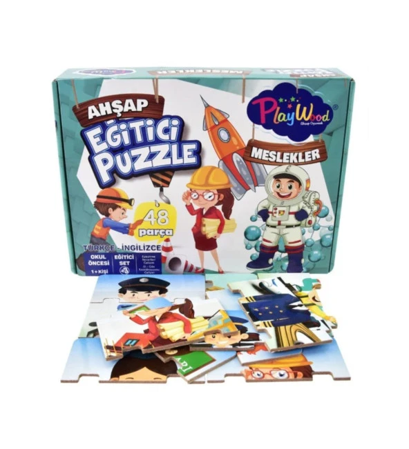 PlayWood 48 Parça, Eğitici Tükçe-İngilizce Ahşap Puzzle:MESLEKLER