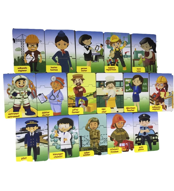 PlayWood 48 Parça, Eğitici Tükçe-İngilizce Ahşap Puzzle:MESLEKLER - 2