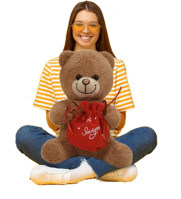 Sevgiliye Özel, Elinde BADEM Şekeri KESESİ ile Peluş BOZ Ayıcık-30 cm - 3
