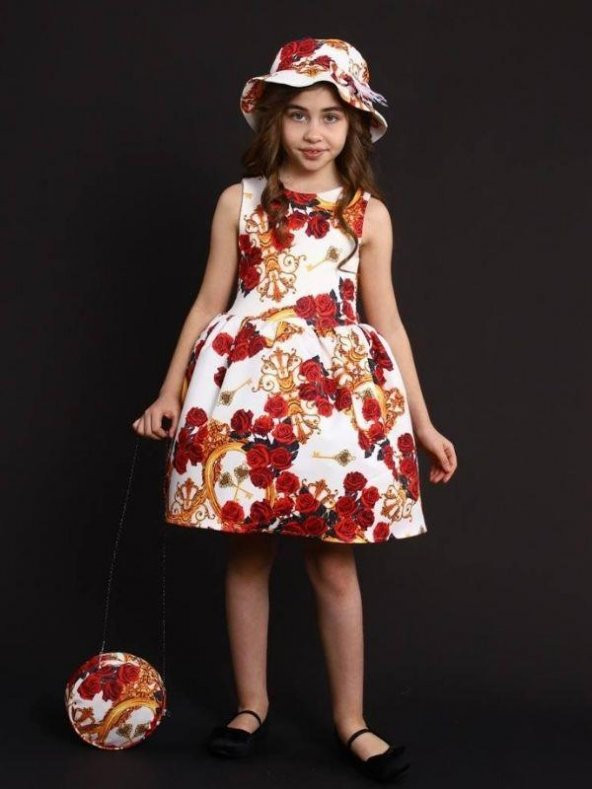 Kız Çocuk Güllü Versay Model Kırmızı Elbise