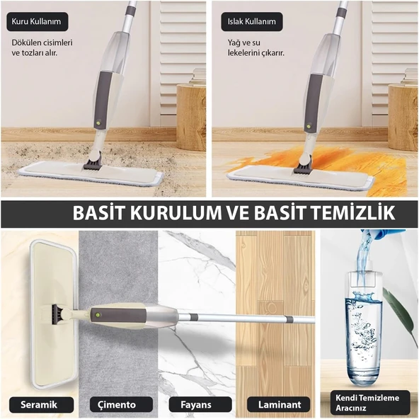 HyMark Sprey Mop Su Deterjan Hazneli 360 Derece Dönen Mikrofiber Bez Temizlik Seti - 2
