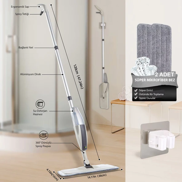 HyMark Sprey Mop Su Deterjan Hazneli 360 Derece Dönen Mikrofiber Bez Temizlik Seti - 7