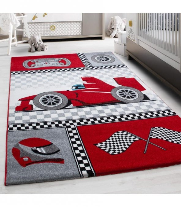 Erkek Çocuk Bebek Odası Halısı Yarış Arabası Formula1 Temalı Kırmızı Beyaz