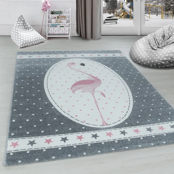 Flamingo Desenli Puanlı Tozsuz Antialerjik Gri Pembe Çocuk Bebek Odası Halısı - 2