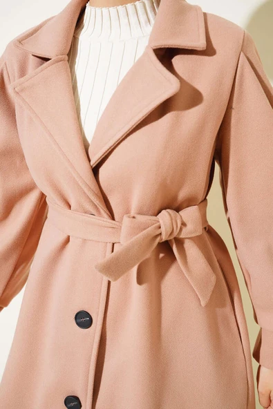 Balon Kollu Uzun Model Pudra Kaşe Kaban - Resim 4