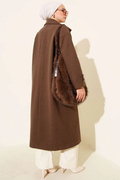 Kruvaze Yaka Uzun Kaşe Kaban Kahve - Resim 3