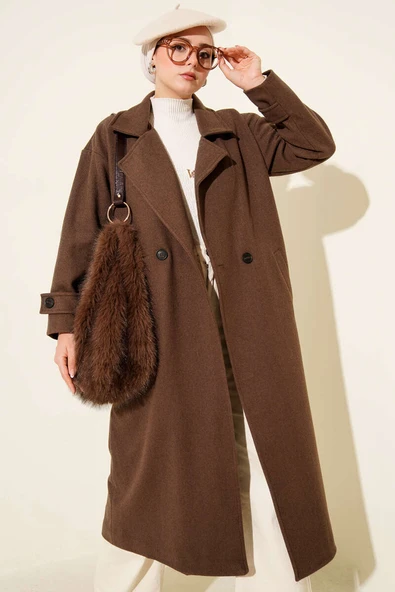 Kruvaze Yaka Uzun Kaşe Kaban Kahve - Resim 2