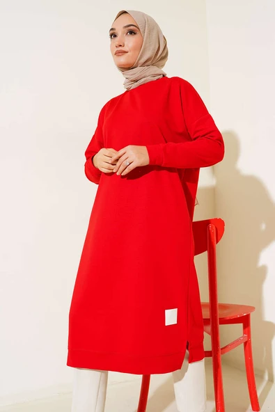 Armalı Uzun Basic Tunik Kırmızı - Resim 2