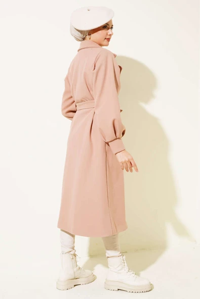 Balon Kollu Uzun Model Pudra Kaşe Kaban - Resim 3