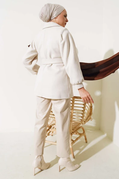 Balon Kol Kısa Kaşe Kaban Ekru - Resim 3