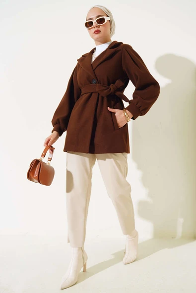 Balon Kol Kısa Kaşe Kaban Kahve - Resim 2