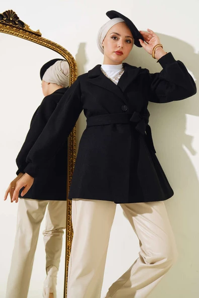 Balon Kol Kısa Kaşe Kaban Siyah ürün görseli 1