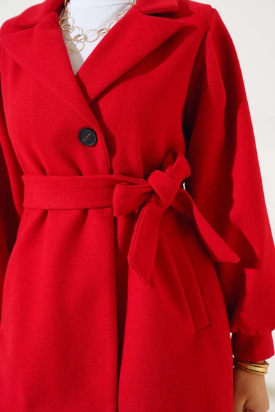 Balon Kol Kısa Kaşe Kaban Kırmızı - Resim 4