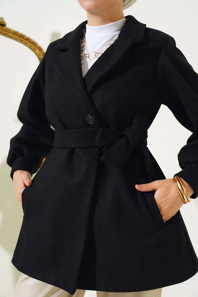 Balon Kol Kısa Kaşe Kaban Siyah - Resim 4