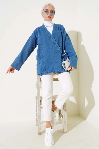 Yan Bağlamalı Kot Ceket Kot Mavisi - Resim 2