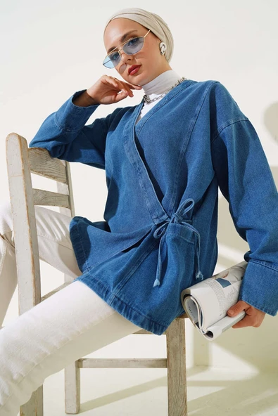 Yan Bağlamalı Kot Ceket Kot Mavisi ürün görseli 1