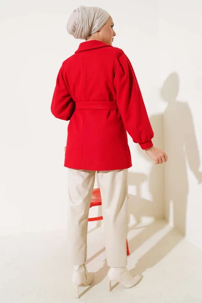 Balon Kol Kısa Kaşe Kaban Kırmızı - Resim 3