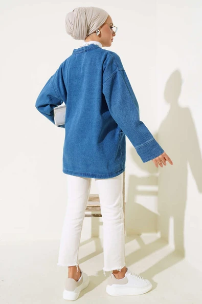 Yan Bağlamalı Kot Ceket Kot Mavisi - Resim 3