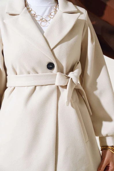 Balon Kol Kısa Kaşe Kaban Ekru - Resim 4