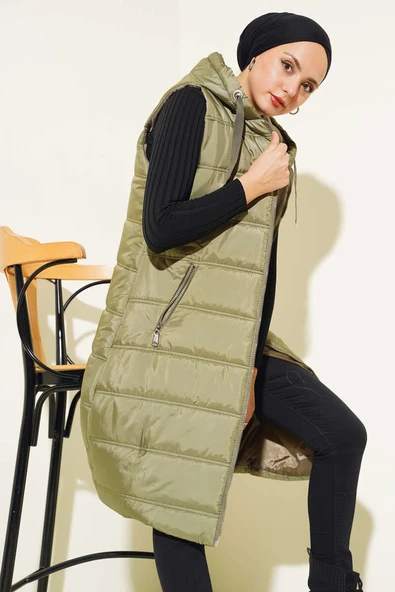 Kapüşonlu Uzun Şişme Yelek Çağla Yeşili - Resim 2