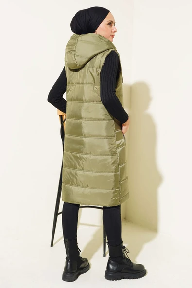 Kapüşonlu Uzun Şişme Yelek Çağla Yeşili - Resim 3