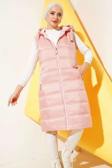 Kapüşonlu Uzun Şişme Yelek Pembe - Resim 2